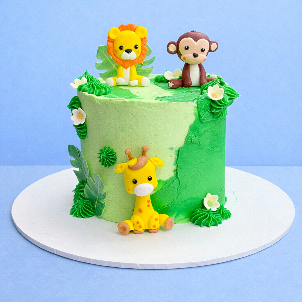 birthday cake themed in the jungle style with little animal figurines on top and delivered in london