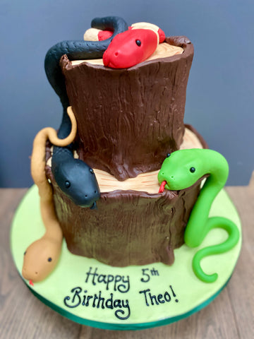 Birthday cake decorated to look like a log with sugar snakes all over