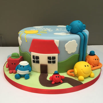 Mr men cake delivered in london featuring mr tall, mr small, mr tickle, mr bump, mr strong and. mr happy