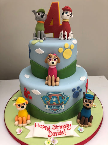 Paw Patrol Birthday Cake with all the characters made from sugar on a two tier cake delivered in london