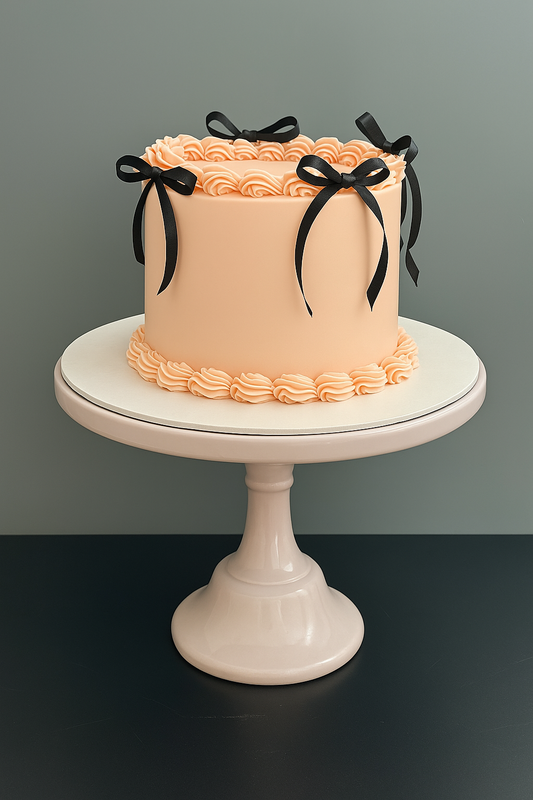 Pink piped cake with black ribbons available for delivery in london as part of our valentine cakes London range