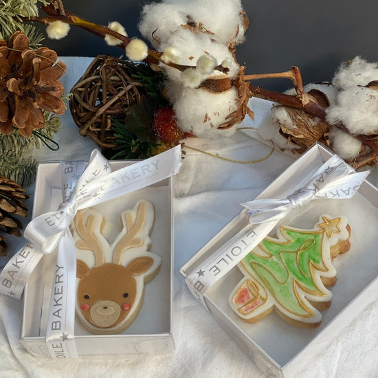 Box of beautiful sugar cookies with a reindeer on one beautifully packaged and ready to send across the uk