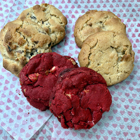 Sharing box of valentine new york cookies for delivery in the UK, Chocolate chip, red velvet and biscoff flavours