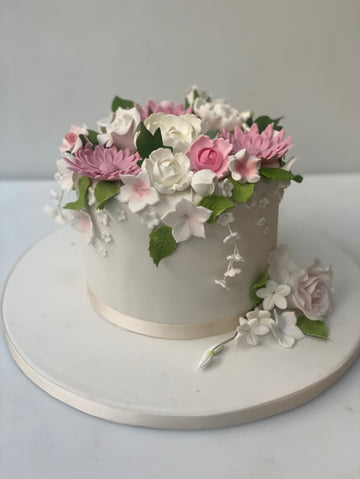 Sugar Flower Topped Single Tier Birthday Cake