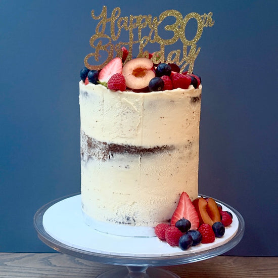 Tall semi naked cake with fruit for delivery across london