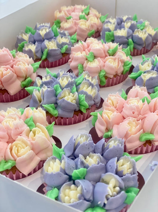 Pink and purple tulip decorated cupcakes