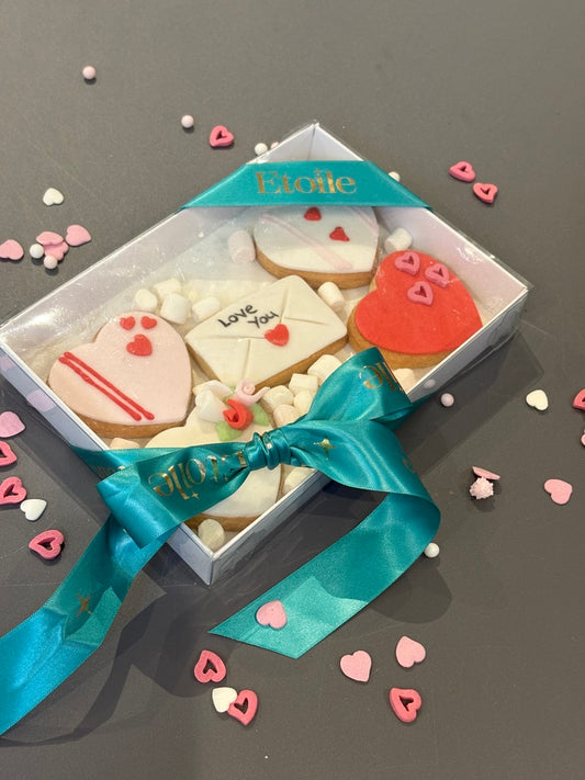 Box of five beautiful valentine cookies beautifully presented in a box and ribbon for postage across UK