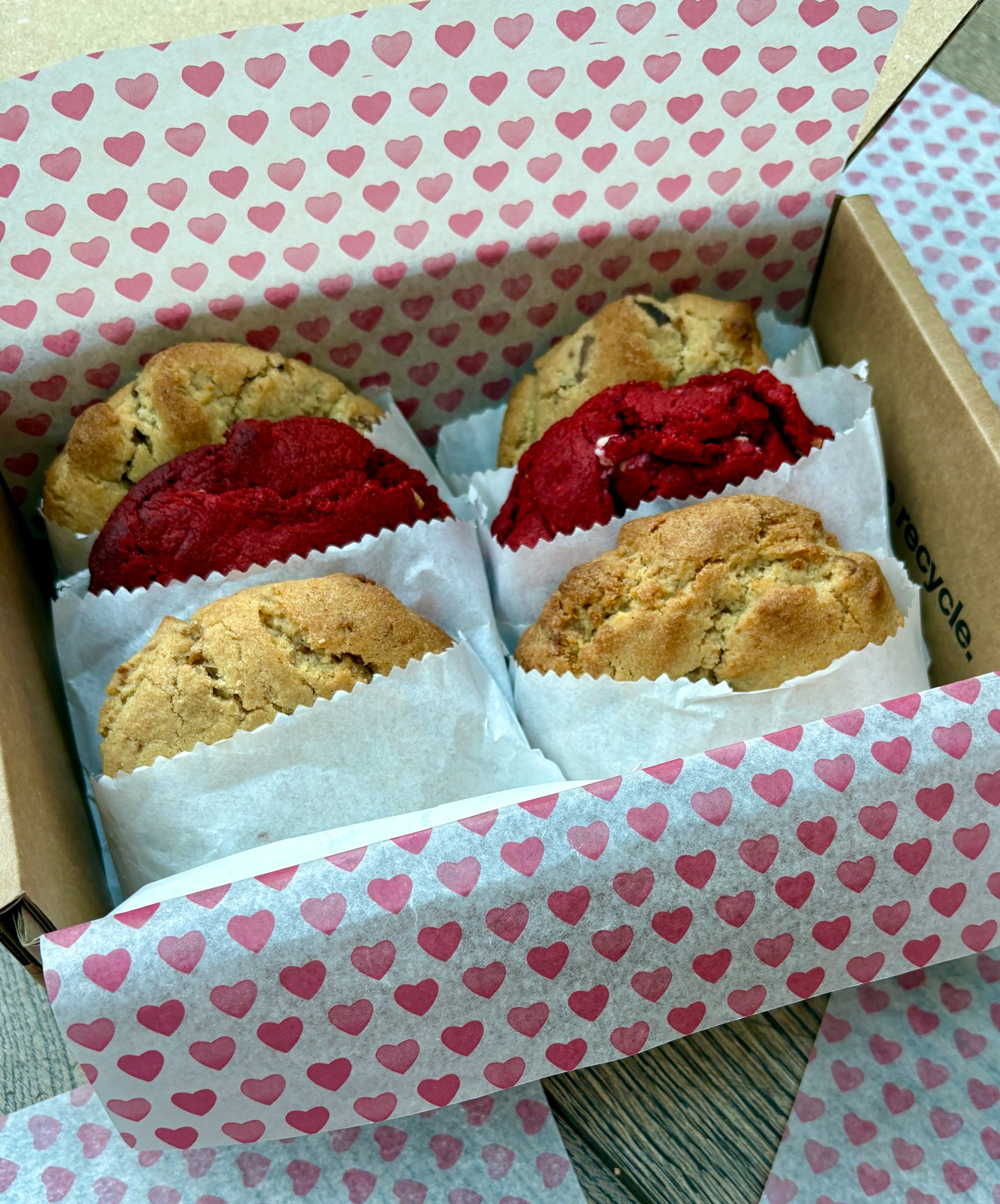 Sharing box of valentine new york cookies for delivery in the UK, Chocolate chip, red velvet and biscoff flavours