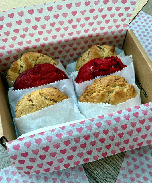 Sharing box of valentine new york cookies for delivery in the UK, Chocolate chip, red velvet and biscoff flavours