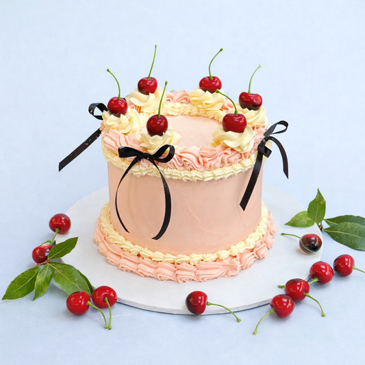 Vintage Lambeth piped cake with cherries and ribbons delivered in london