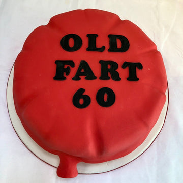 Whoopie Cushion Birthday Cake with 'OLD FART 60' text on a white background