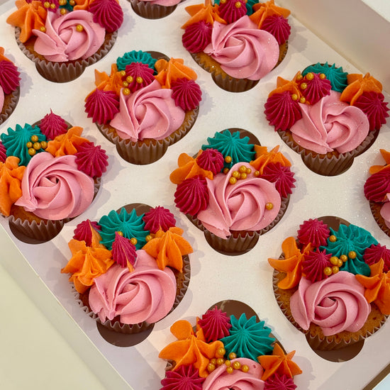 pink orange and teal cupcakes dellivered in london