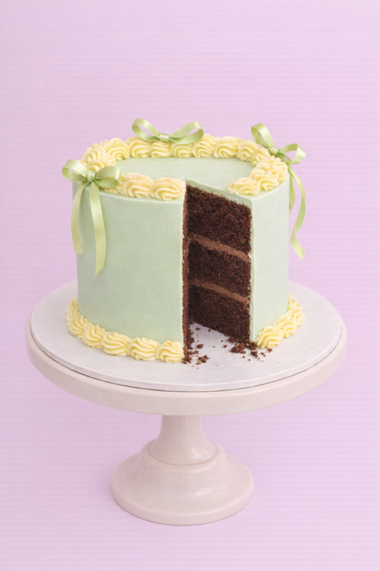 pale green and yellow easter spring themed ribbon cake with piped icing
