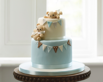 Birthday cake london, a cake with teddies and bunting made using etoile bakery's bespoke service